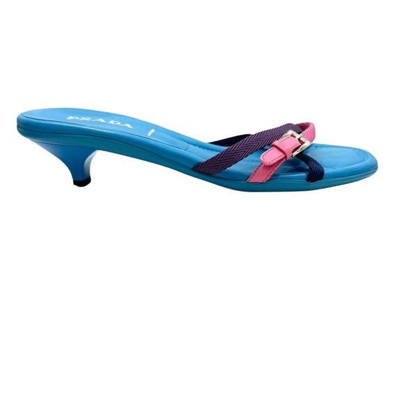 PRADA Y2K TURQUOISE BLUE KITTEN HEEL SLIDES W NAVY PINK & PURPLE STRAPS